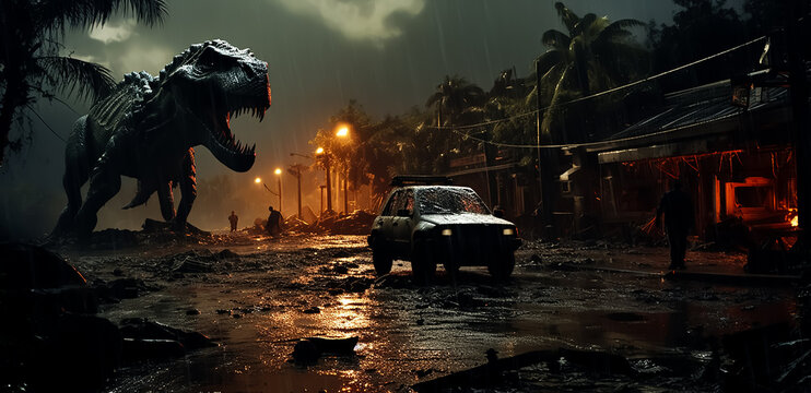 dinosaur T-Rex chased by a jeep car down a road in a middle of the woods