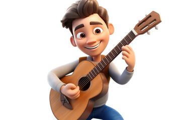 Handsome Boy Playing a Guitar Music 3D Character Isolated on Transparent Background PNG