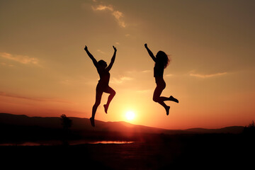 Fototapeta na wymiar Celebrating Freedom: Two Figures Jumping in the Air Amidst a Mountainous Sunset, ai generative