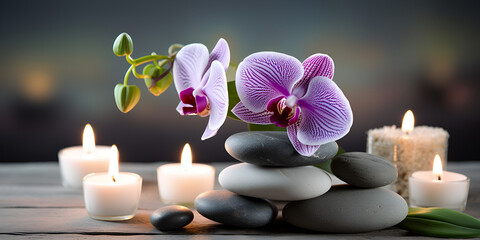Obraz na płótnie Canvas A spa with a flower arrangement on top of rocks and candles candles and orchids are placed on a table with stones and a green leave with grey blurred background Ai Generative 