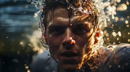 Close-up portrait of a professional swimmer in a swimming pool - obrazy, fototapety, plakaty