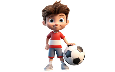 Boy Playing and Standing with a Soccer Football 3D Character Isolated on Transparent Background PNG.