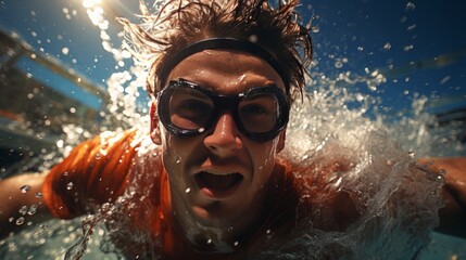 Close-up portrait of a professional swimmer in a swimming pool - obrazy, fototapety, plakaty