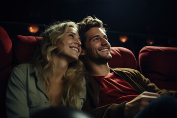 Happy family couple man and woman together at cinema. Girlfriend and boyfriend with popcorn sitting and watching a movie in theater