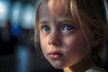 blonde girl with blue eyes sad at a station, ai generative