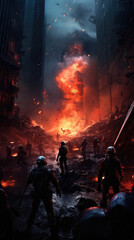 destroyed city urban warzone fire explosion futuristic cyberpunk - by generative ai