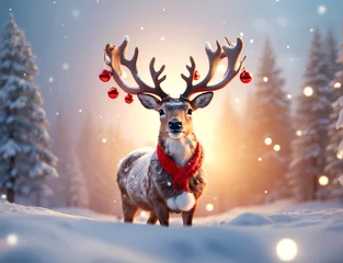 Foto op Aluminium Christmas Rudolph reindeer in winter forest © mizina