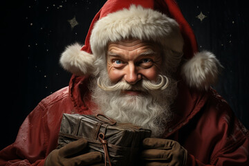 Portrait of Santa Claus holding nicely wrapped gift box hiding and peeking out, secretly put present