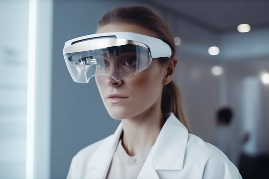 Innovation at Work: A Scientist in a Lab Coat Engaged with a Futuristic Headset, ai generative