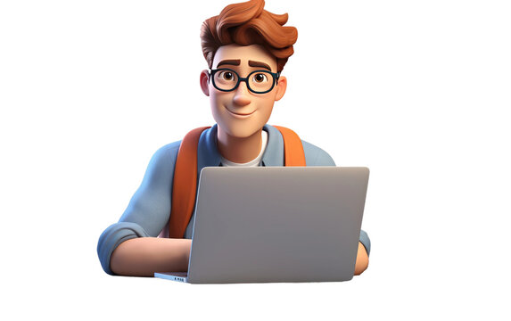 Smart Man Freelancer Working on Laptop 3D Character Isolated on Transparent Background PNG.