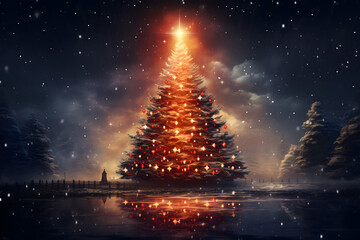 christmas tree decorations, santa claus with gifts, snowman in the snow, christmas gift boxes	