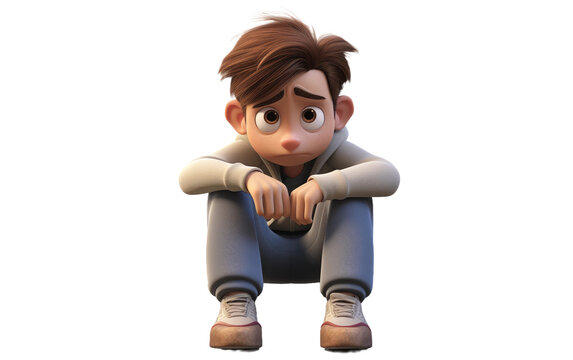 Sorrowful Sad Boy Sitting Alone 3D Character Isolated on Transparent Background PNG.