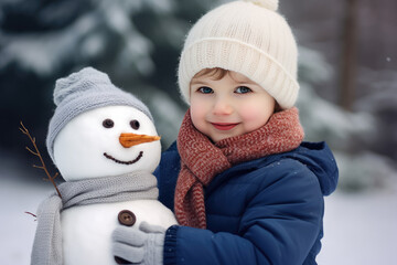 Obraz premium Portrait of a little boy dressed in winter next to snowman on the snowy forest