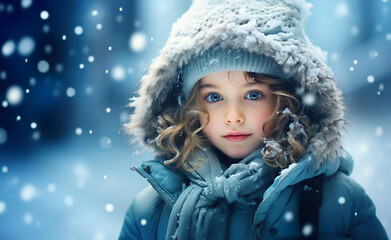 Cute girl in warm clothes standing outdoors in winter snowfall.