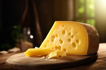 Block of Swiss medium-hard yellow cheese emmental or emmentaler with round holes