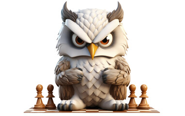 Owl Chess Master Playing Chess in Serious Mood 3D Character Isolated on Transparent Background PNG. - obrazy, fototapety, plakaty