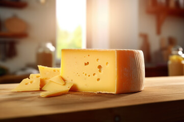Delicious Gouda cheese on wooden board close up