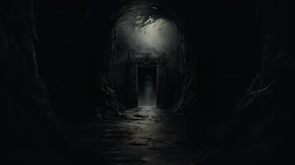 door in the darkness grim dark fantasy Dungeon cell, necromancer lair horror - by generative ai - obrazy, fototapety, plakaty