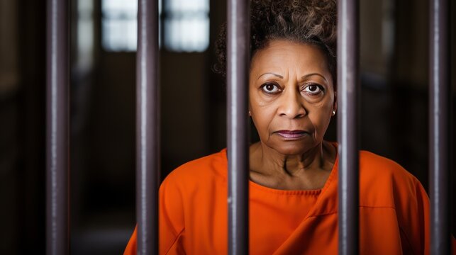 Criminal serves term of imprisonment in prison cell. Inmate stands behind bars in jail or detention center. Mature African American female prisoner in orange uniform behind metal bars, looking at
