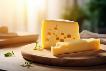 Block of Swiss medium-hard yellow cheese emmental or emmentaler with round holes - obrazy, fototapety, plakaty