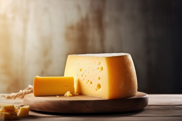 Delicious Gouda cheese on wooden board close up - obrazy, fototapety, plakaty