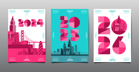 Annual Report, template layout design  2024, 2025, 2026 typography,  geometric shape., flat design - obrazy, fototapety, plakaty