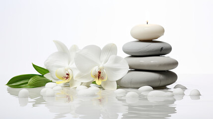 Fototapeta na wymiar zen stones candle white floral harmony wellness serenity aromatherapy pebble - by generative ai 