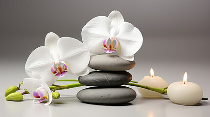 Obraz na płótnie Canvas spa stones and orchid pebble zen wellness background - by generative ai