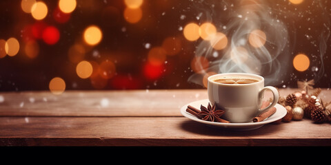Cup of hot cappuccino with cinnamon on wooden table at background with Christmas light bokeh. Banner copy space