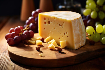 Delicious Gouda cheese with grapes on wooden board close up