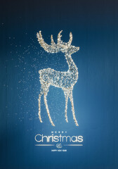 Glowing Reindeer Christmas decoration with Merry Christmas and Happy New Year text on blue background. 3D Rendering, 3D Illustration