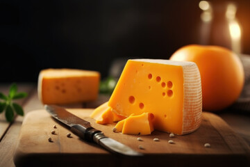 French cheese Mimolette on the wooden board close up - obrazy, fototapety, plakaty