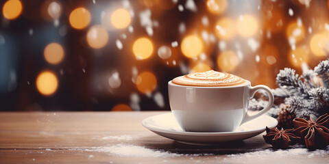Cup of hot cappuccino with spices on wooden table at background with Christmas light bokeh. Banner with copy space