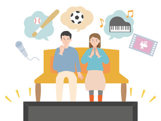 大画面のテレビでスポーツや音楽、映画などの色々な番組を楽しむ若い夫婦