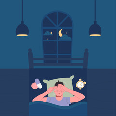 Insomnia, sleep disorder concept. The man is lying in bed