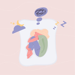 Insomnia, sleep disorder concept. A woman lies curled up in bed