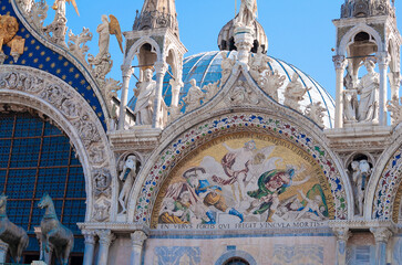  Facade of St Mark's Basilica, cathedral church of Venice, Italy.