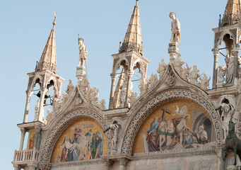 Venice, Italy - October 5, 2023: Facade of St Mark's Basilica, cathedral church of Venice, Italy.