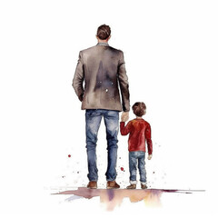 Vintage Cute Beautiful Father And Son Is Standing Back View Watercolor Sublimation Clipart, Generative AI.