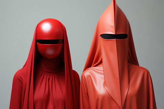 Faceless fashion postmodernism portrait of a couple, two unrecognizable people in red leather suits