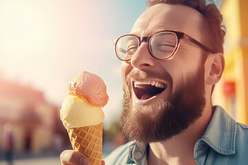 Happy man eat ice cream cone. Street summer city hot adult face. Generate Ai