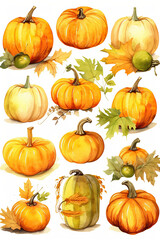 Pumpkin set collection watercolor clipart cute isolated on white background