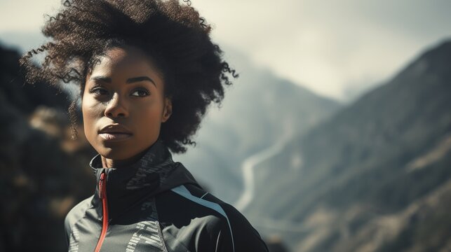 Black Woman In Black Sports Clothing In The Mountain