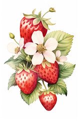 strawberries flower watercolor clipart cute isolated on white background
