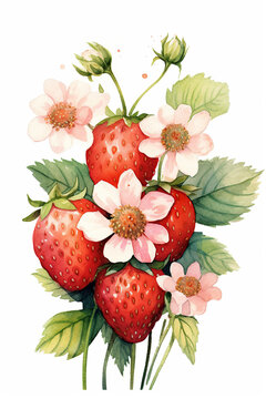 strawberries flower watercolor clipart cute isolated on white background