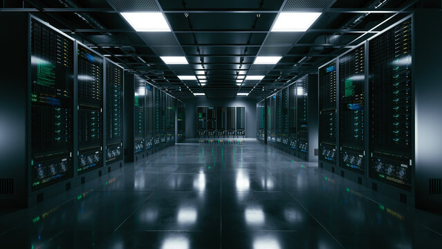 Data center interior with server racks. Cloud computing datacenter server room. 3d illustration
