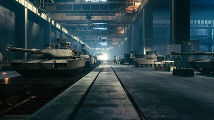 Production of military tanks at the factory. Military factory weapon Battle tanks. 3d illustration