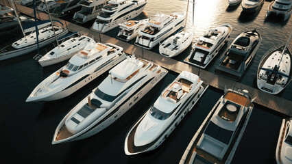Yacht club at sunset. Yacht parking. Yachts and boats in marina from above at sunset. Yachts at ocean marina. 3d illustration