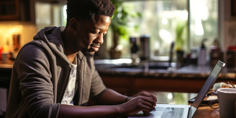 Online Learning Experience: African American Male on Laptop at Home - obrazy, fototapety, plakaty