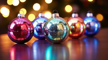 Fototapeta premium Christmas&nbsp;tree decorative ornaments ball Hanging Fir Branch bokeh background. Merry Xmas decoration. Happy New Year holiday object.